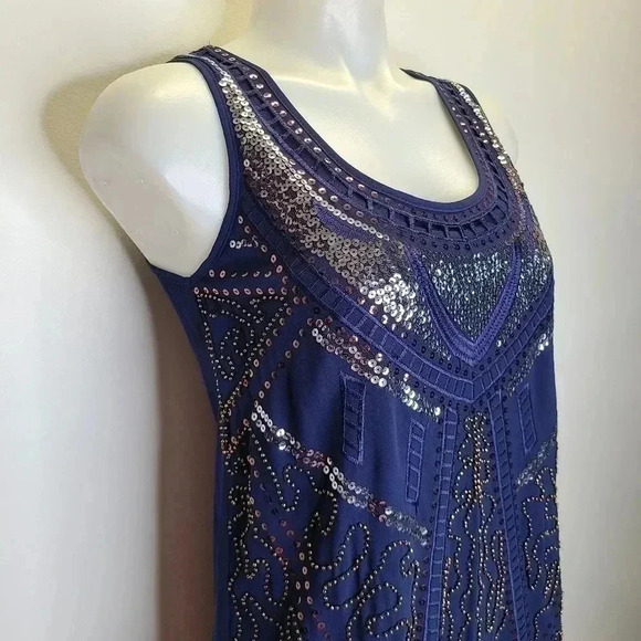 Alga Francescas Navy Blue Silver Bronze Sequin Beaded Art Deco Shift Dress Small - Picture 8 of 14
